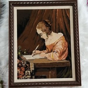 VTG Needlepoint "Women Writing with quill" Picture